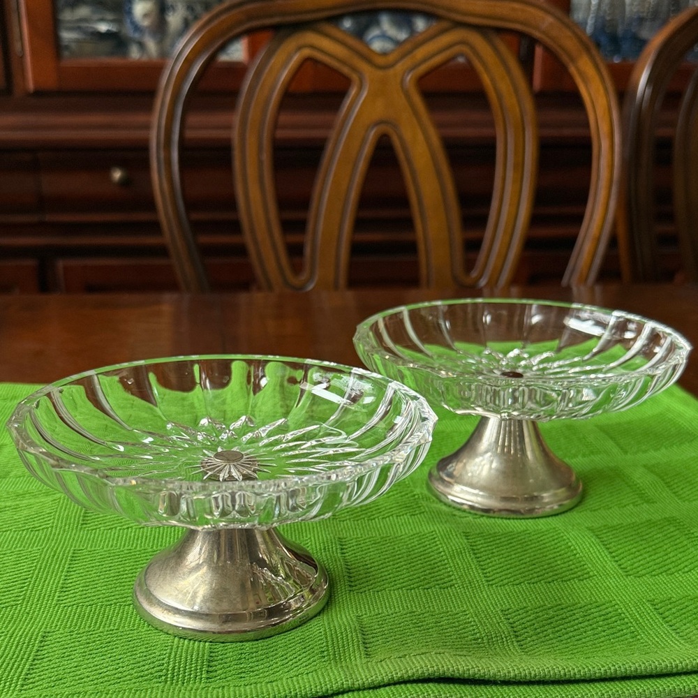 Vintage Val St. Lambert England Crystal silver plate stand dish bowl set of 2
